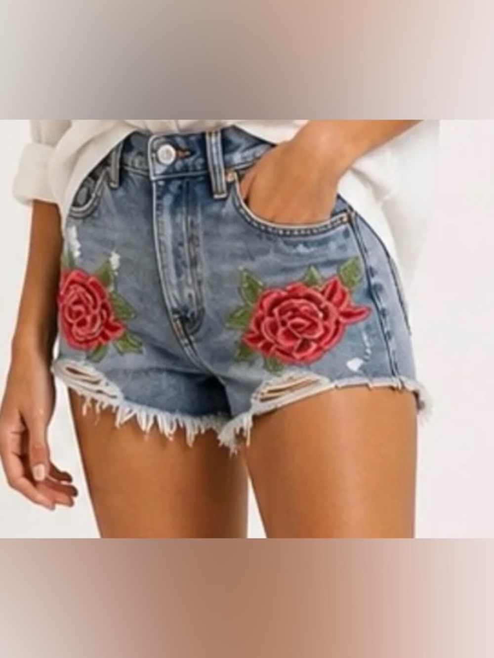 Zara Trafaluc Denimwear Rose Embroidered High Rise Shorts